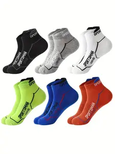 6 Pairs Men's Socks, Trendy Ear Loop Sports Socks, Cool Letter Stripe Short Cuff, Comfortable Soft, Professional Athletic Socks, School Socks, Basketball Socks, Running Socks, Soft Breathable Socks, Elastic Socks