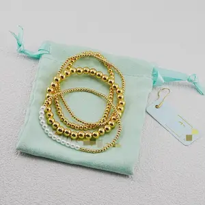 EN Jewelry Gold Copper-plated Real Gold Beads With White Pearl Bracelet Multi-layer Set Of Hand Accessories With Authentic Tag And Cloth Bag