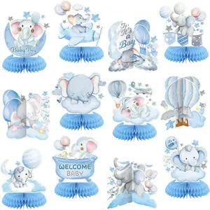 12 Pcs Blue Baby Shower Decorations Elephant Honeycomb Table Centerpieces Balloons Star Moon Elephant Table Topper Decoration for Gender Reveal Birthday Party Favors Supplies