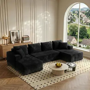 【Deals For You】ModernHub 132" Boneless Memory Foam Sectional Sofa, Corduroy Sectional Couches for Living Room, Oversized U Shape Comfy Modular Compression Cloud Sleeper Sofa with Deep Seat, No Assembly Required, Black