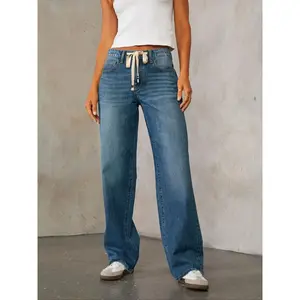 Women’s plain drawstring jeans, casual and fashionable denim pants, spring and autumn women’s underwear, casual denim pants GARMENTARY