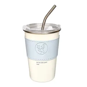 17Oz Reusable Stainless Steel Coffee Cups Set with Straw & Sleeves, Black Party Mugs for Home, Coffee Cup Set with Sleeves,Spill-Proof, And Shatter-Resistant Hot Coffee, Iced Tea, Juice, Smoothie, And Water - Includes Protective Sleeve And Coaster