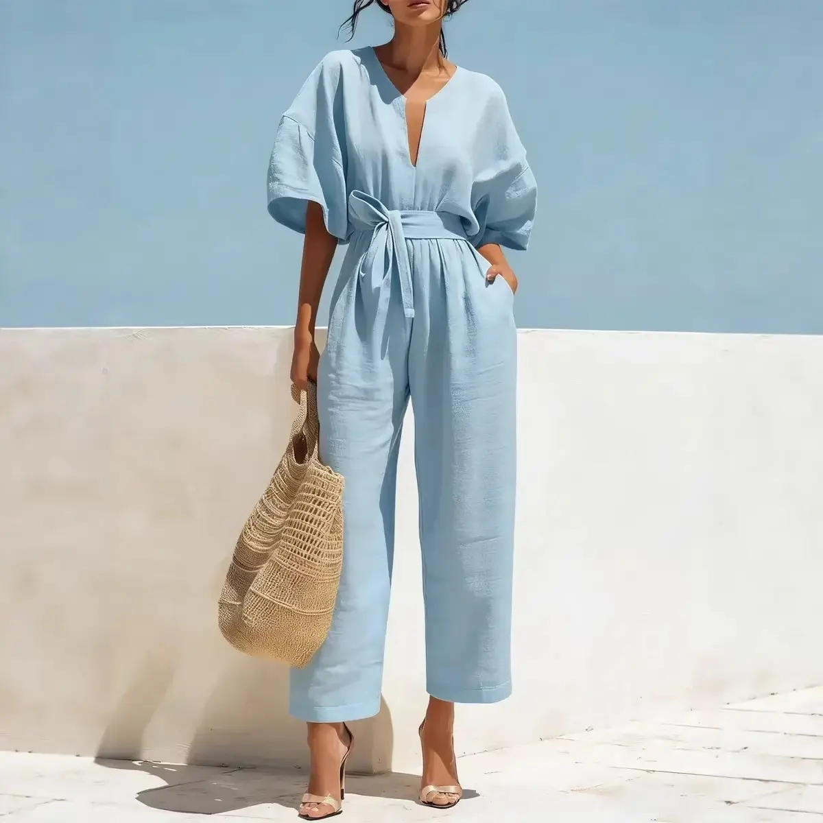 VVZ 2026 women's v-neck jumpsuit with tie waist, casual wide leg romper with pockets, elegant one-piece outfit for summer, vacation and everyday wear