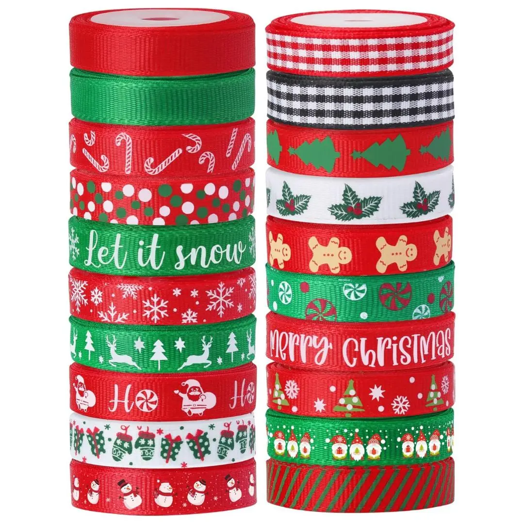20 Rolls 100 Yards Christmas Ribbon for Gift Wrapping,3/8 Inch Christmas Grosgrain Ribbon,Christmas Ribbon for Crafts DIY Holiday Christmas Decorations