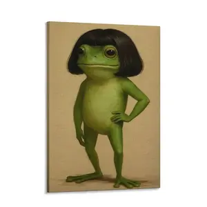 Whimsical Frog Portrait Canvas Poster Funny Animal Abstract Mimalist Green Funny Frog Poster Art Print Bob Haircut Kids Playroom Decor Frog Lover Gift Unique Wall Art quirky wall decor opossum humor artwork funny poster 24x 36 unique art decor posters