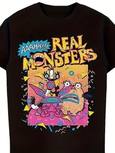 Men's oversized cartoon-style black T-shirt, printed with "AAAHHH""REAL MONSTERS" pattern - retro 90s nostalgic design, featuring whimsical monsters and colorful geometric shapes, perfect for casual and leisure wear
