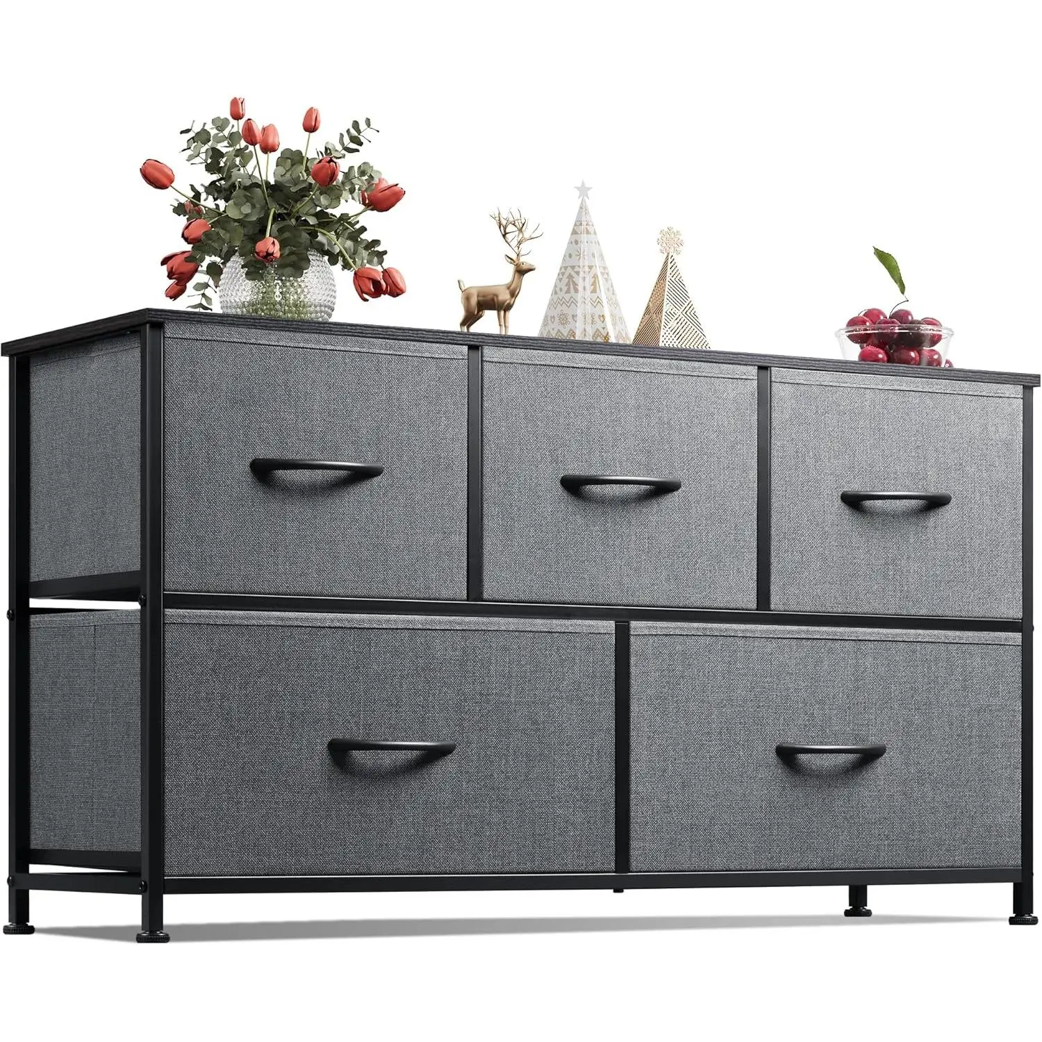 Dresser for Bedroom with 5 Drawers, Wide Chest of Drawers, Fabric Dresser, Storage Organizer Unit with Fabric Bins for Closet, Living Room, Hallway, Dark Grey
