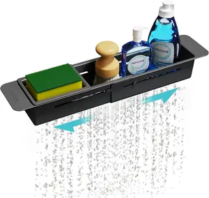 Nihome Extendable over Sink Kitchen Organizer, Small Telescopic Brush Storage Rack for Sponge, Non-Slip Pads Expandable Sink Caddy, Adjustable Sponge/Brush Rack with Drainage Durable ABS (Black) Attom Tech