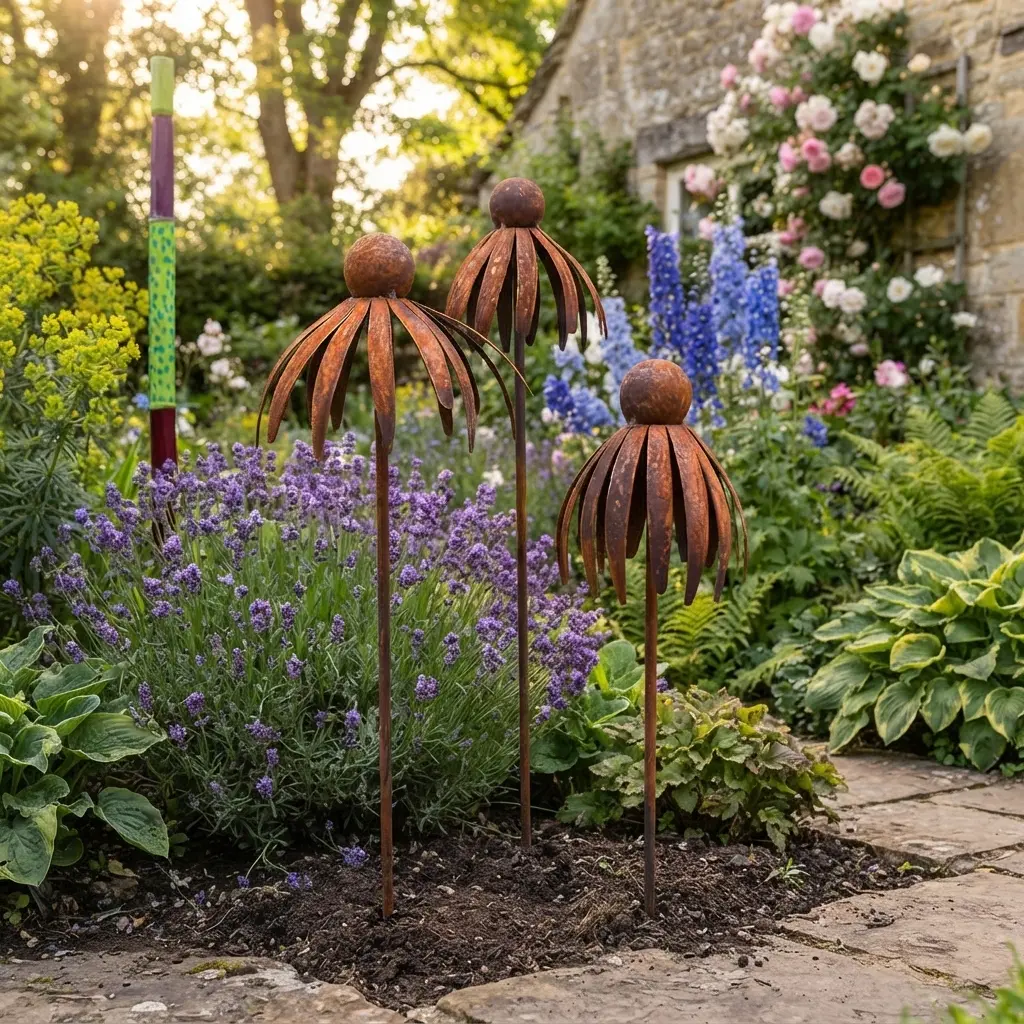 Rustic Metal Flower Garden Stakes - Set of 3 Decorative Garden Art Sculptures for Yard, Lawn, Patio, and Outdoor Decor, Weather-Resistant Vintage Metal Floral Ornaments for Flower Beds, Unique Gardening Gifts, Garden Accents Backyard Decor
