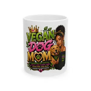 Vegan Dog Mom Mug | Ceramic Coffee Cup with Woman and Pup Illustration