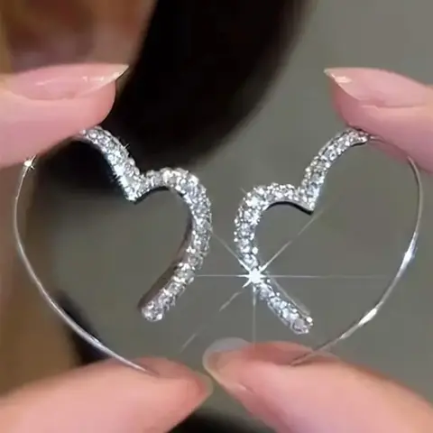 Rhinestone Decorated Lightweight Hoop Earrings, Earrings Hoops, Elegant Heart Design Earrings for Women, Fashion Jewelry for Party, Daily Clothing Decor, Sparkling Ear Jewelry, Fashionable Accessories