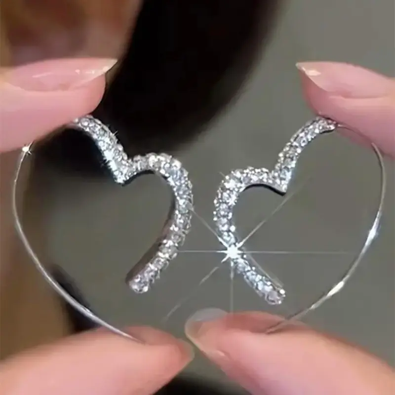 Rhinestone Decorated Lightweight Hoop Earrings, Earrings Hoops, Elegant Heart Design Earrings for Women, Fashion Jewelry for Party, Daily Clothing Decor, Sparkling Ear Jewelry, Fashionable Accessories