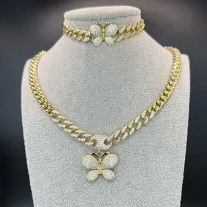 Gold Plated Butterfly Cuban Chain 20 Long Necklace & 7 Long Bracelet CODE:SET:3439