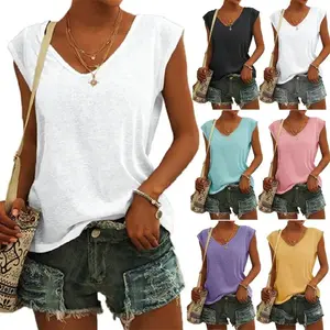Women's Polyester-Cotton-Spandex Basic Pure Color Loose V-Neck Sleeveless T-Shirt - Breathable Sports Top, Streetwear Casual Style Printed Everyday Clothes