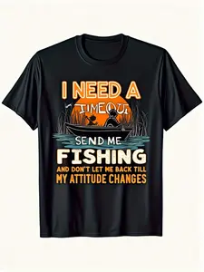 Funny Fishing Saying T-Shirt for Men & Women - "I Need a Timeout Fishing" Slogan with Boat & Fish Graphic, Black & Orange Print, Breathable Short Sleeve Shirt, Unisex Casual Tee for Anglers, Fishing Trip Gift, Durable Outdoor Apparel