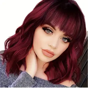 Red Wavy Wigs With Bangs For Women Short Curly Bob Medium Shoulder Length Burgundy Wine Natural Looking Synthetic Heat Resistant 14 Inch