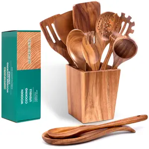 HOWHONG Premium Acacia Wood Cooking Utensils Set Handmade Wooden Spoons for Nonstick Cookware Heat Resistant Smooth Finish Comfortable Grip with Holder Gift Ready