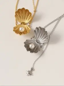 Seashell Locket Necklace with Pearl Inside and Dangling Star Pendant Charm | Unique Ocean Beach Inspired Jewelry for Women & Girls | Cute Mermaid Aesthetic Gift for Birthday, Anniversary, Vacation, Summer Fashion, Friendship, Bridesmaid, or Daily Wear
