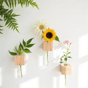 Mini Test Tube Vase Magnets – Magnetic Wooden Wall Planters with Acrylic Tubes, 3–5 Pcs Set for Fridge, Office, Dorm, or Christmas Gift