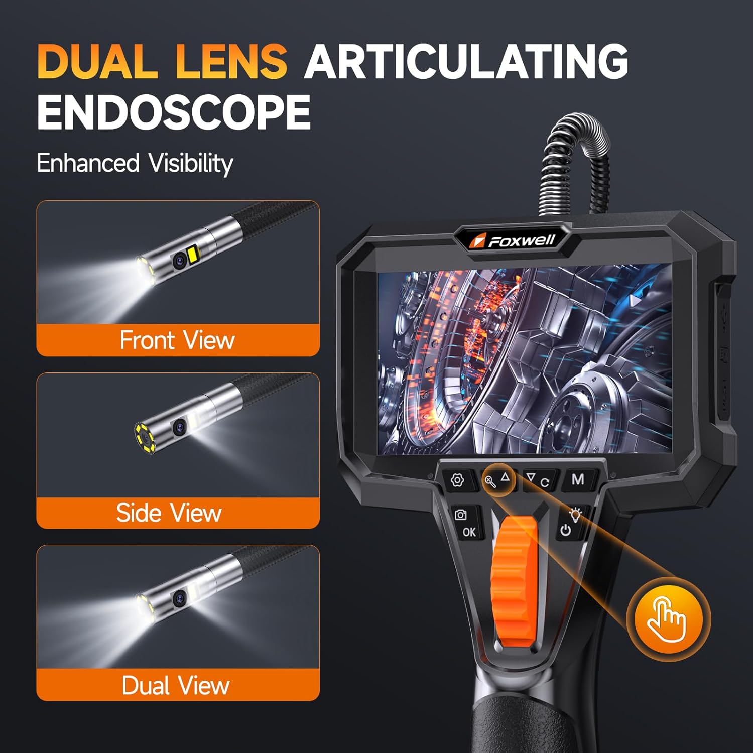 FOXWELL FY406D 0.25in Slim Dual Lens Articulating Borescope, 220° Two-Way Endoscope Camera with LED Light & IPS HD Screen, IP67 Waterproof Snake Camera for Engine, Automotive, Pipe & Wall Inspection – 5.3FT