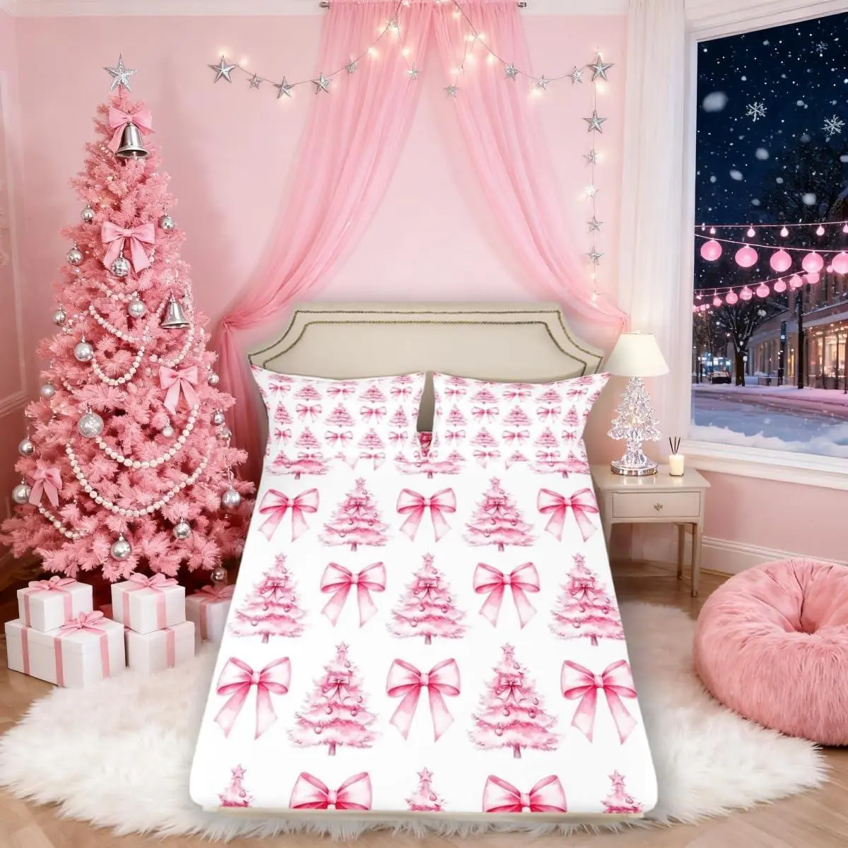 Pink Bowknot Kids Fitted Sheet,Christmas Trees Pine Bow Tie Toddler Bedding Set,Girls Women Room Decor,Merry Christmas Happy New Year Xmas Bed Sheet,(No Flat)
