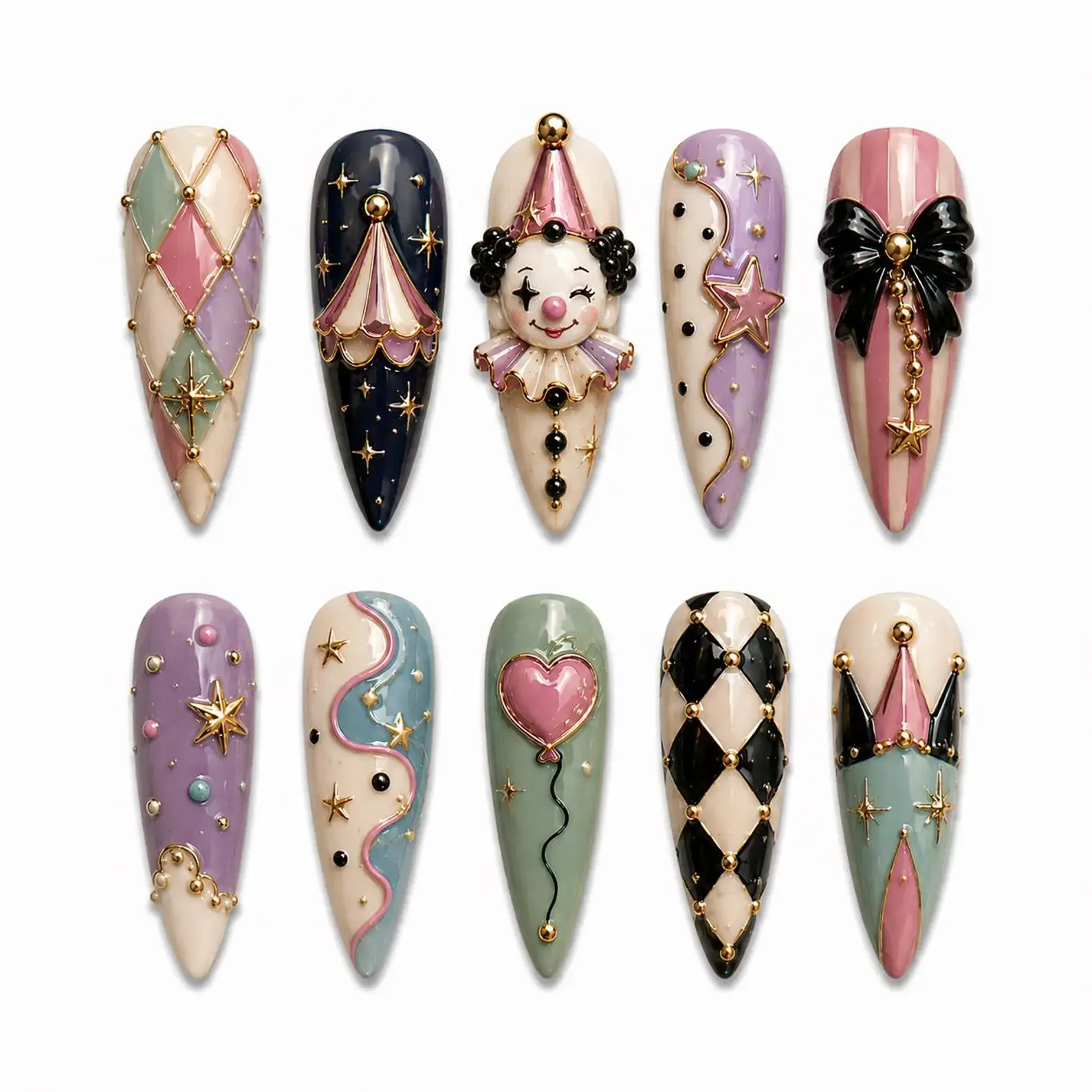 Multicolor Press-On Nails, Pastel Stardust Carnival Luxury Set - Handcrafted 3D Harlequin Clown, Celestial Charm Fantasy Nail Art Decorations for Beauty & Personal Care, Handmade Press On Nails