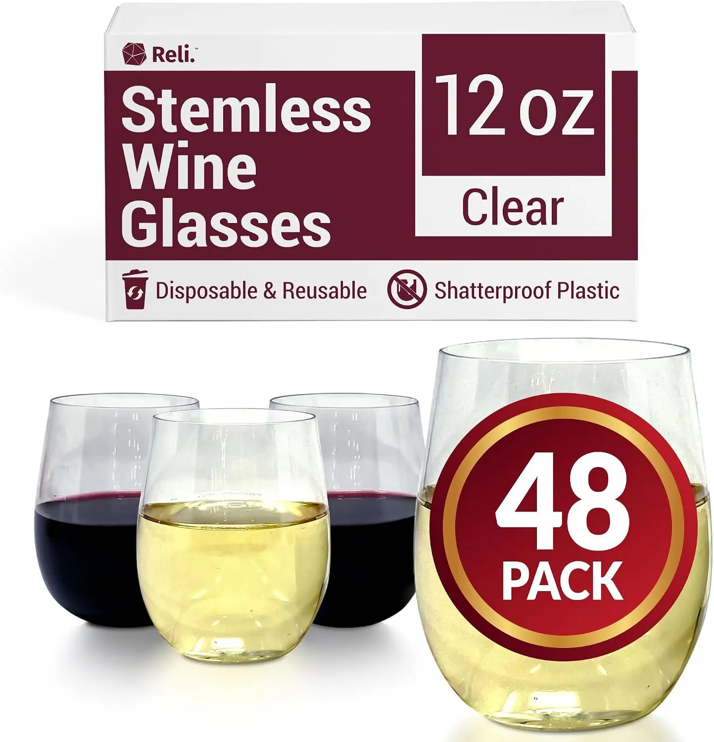 Reli. Disposable Wine Glasses (48 Pack, 12oz) Plastic Stemless Wine Glasses Disposable | Clear and Stemless for Parties, Cocktails, Whiskey, Weddings | Shatterproof Gift