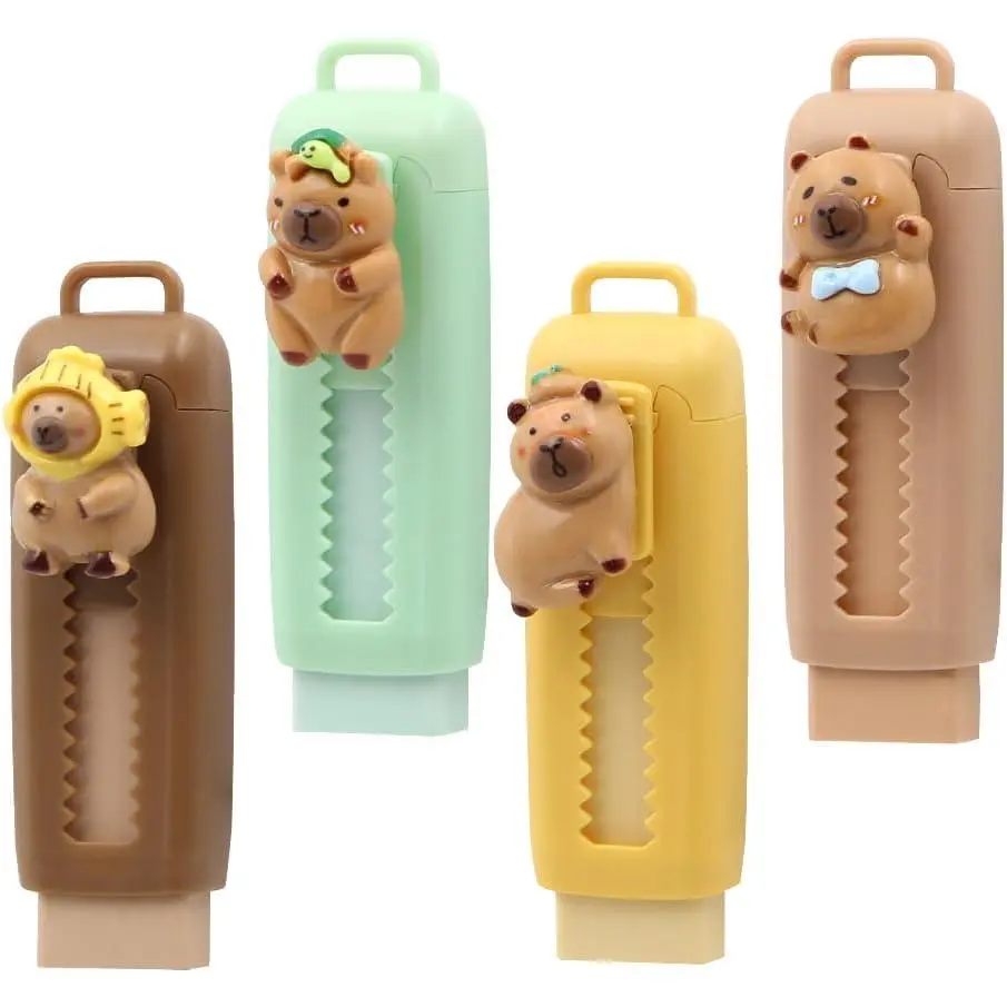 4 Pcs Cute Capybara Retractable Pencil Erasers - Kawaii Rubber Stationery Set, Cute Animal-Themed Supplies for School & Office, Gift for Capybara Lovers