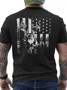 Men's Plus Size Camouflage Hunting T-Shirt, Deer Pattern and American Design, Breathable Knit Short Sleeve, Round Neck, Outdoor Sports Apparel