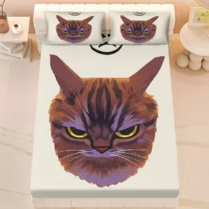 3Pcs Angry Cat Halloween Animal Fitted sheet Three Piece Set (1*Fitted Sheet+2*Pillowcases, Coreless), Halloween theme, Cat Design Bedding Set, Mattress protector Soft, Breathable, Bedroom Living Room Decor