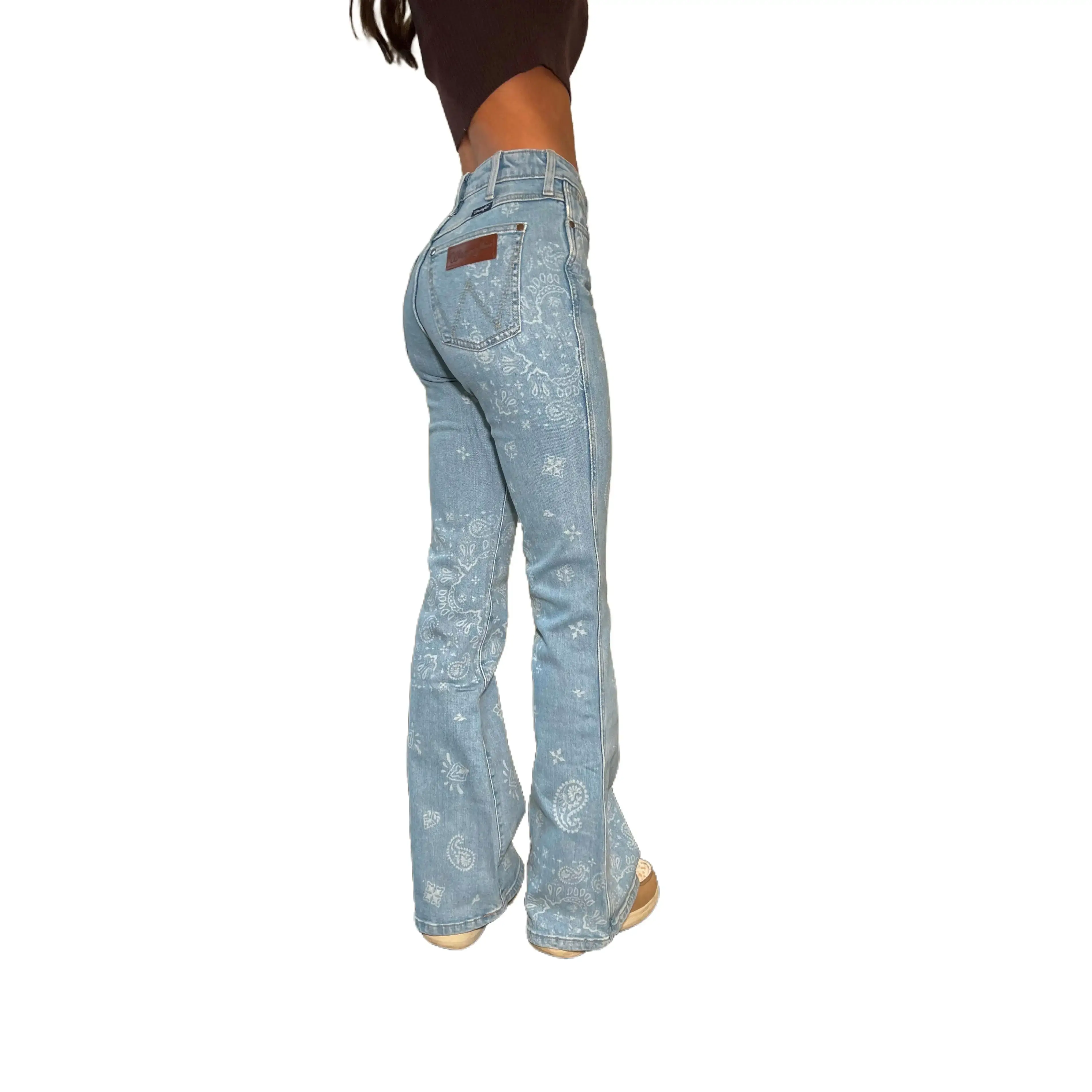 Wrangler Women's Retro Daytona High-Rise Flare Jeans in a Statement Paisley Print, Light Wash Stretch Denim, Casual, Cotton, Western Riding