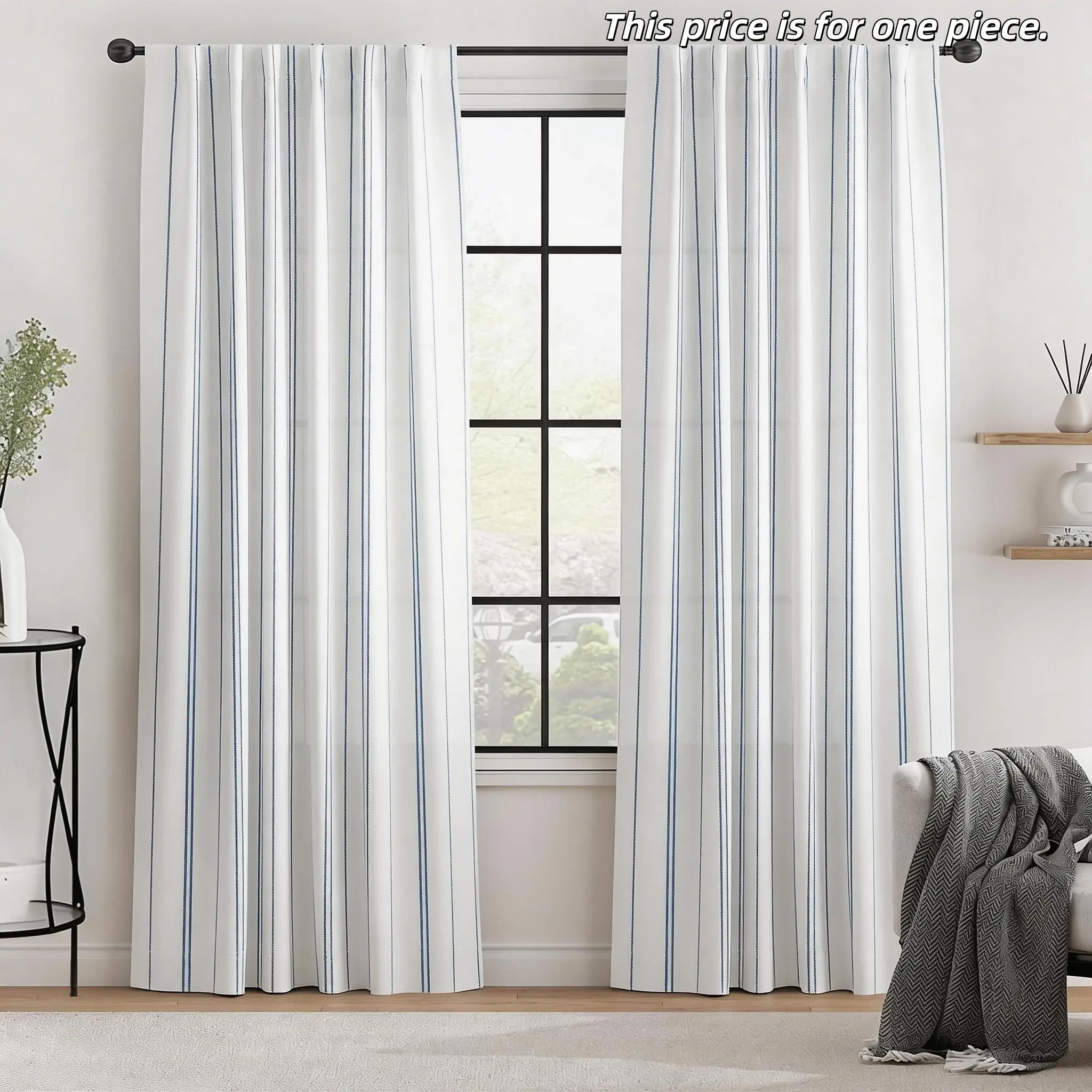 1PC Blue Modern Striped Blackout Curtains, Polyester Material, Suitable for Bedroom & Living Room, Home Kitchen Essentials, Home Textile