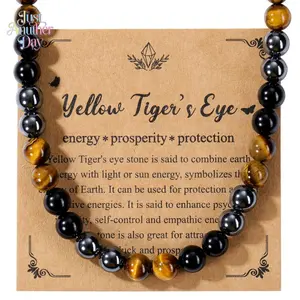 Men's Natural Yellow Tiger's Eye Necklace, Obsidian & Hematite Beaded Necklace, Protection & Prosperity Gemstone Jewelry, Gift for Men