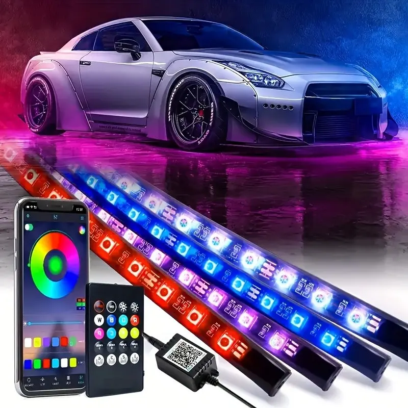 1 Tow 4 Ambient Light Car Underglow Neon Accent Strip Lights With APP Control & Remote Control 256 LEDs RGB Multi Color DIY Sound Active Function Music Mode