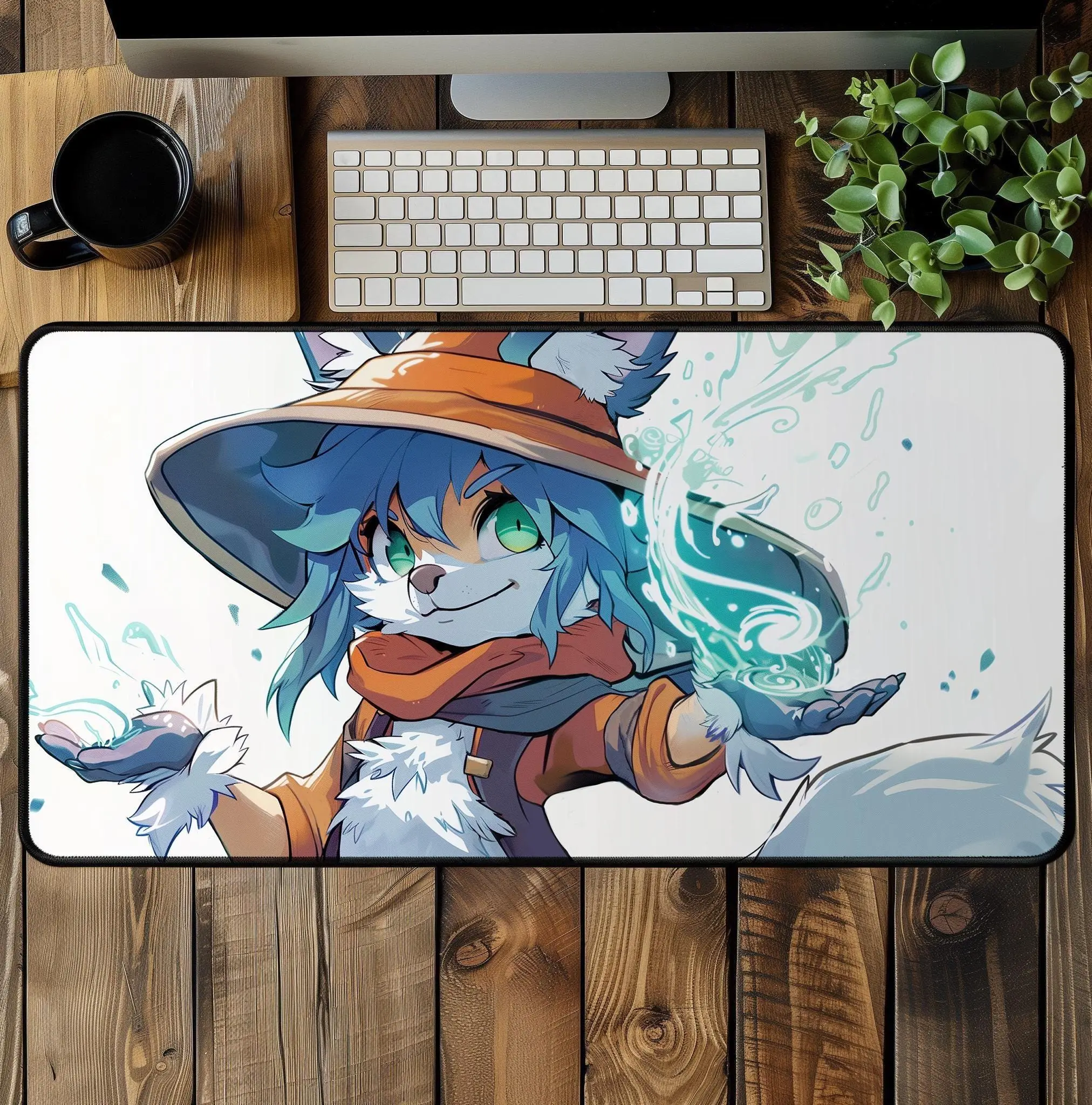 Water Mage Fursona Furry Mouse Mat | Stylized Fox Fursona Furry Desk Mat for Gaming & Work | MTG Mouse Pad Blue Print White Lofi PlayMat