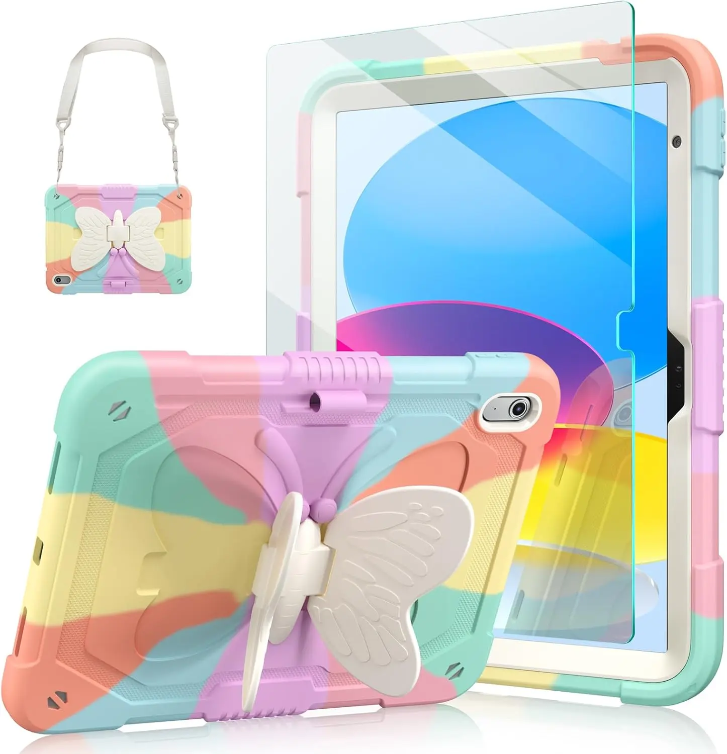 Case for iPad 10th Generation Kids – Shockproof Protective Cover with 9H Tempered Glass, Butterfly Stand & Carrying Strap, Multicolor