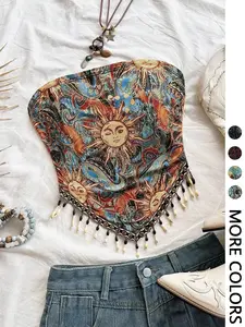 Women's Vacation Knit Print Patchwork Beaded Halter Top,Handkerchief Hem, Beaded Tassel Trim, Double Layer Lining, Breathable Fabric, Vacation Festival Daily Casual Womenswear, Bohemian Boho Hippie Style