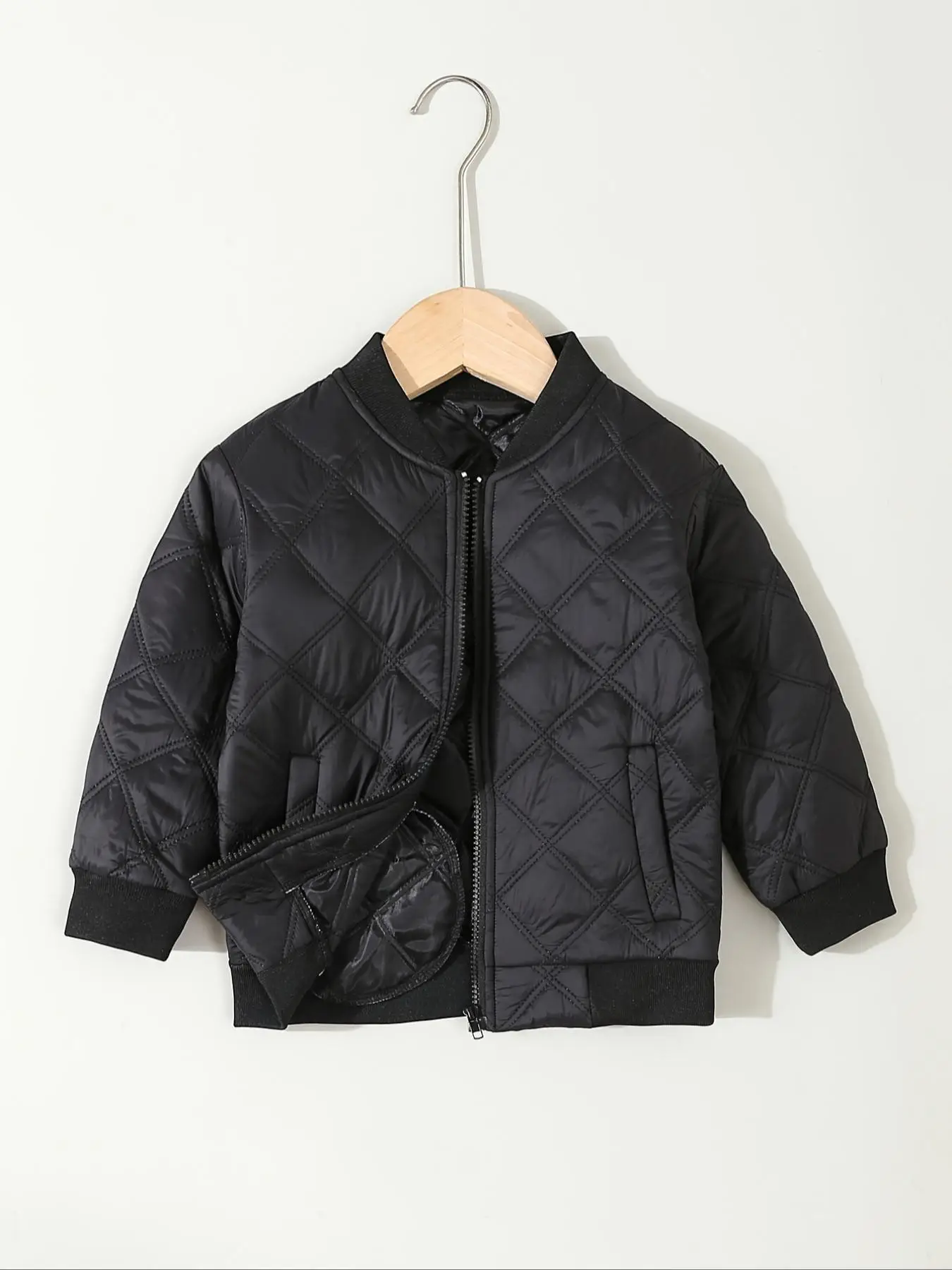 Boys' Solid Quilted Zip Up Bomber Jacket, Casual Long Sleeve Pocket Zipper Baseball Collar Outerwear for Fall & Winter, Kids Clothes for Daily Wear