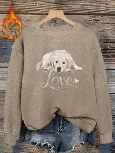 Women's Fall Winter Fitted Animal Print Sweater, Soft Plush Round Neck Top, Cute Dog Pattern, Casual Style, Comfortable Knitwear