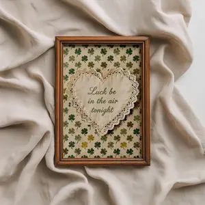 St Patrick's Day Wall Art, Shamrock Printable, Vintage Lace Heart, 4 Leaf Clover Cottagecore Decor (Unframed)