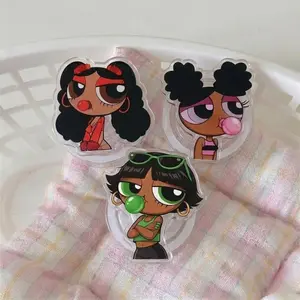 Melanin Cartoon Girls Badge Reel and Phone Grip, Cute Accessories For Students, Powerpuff Girl Pop Socket and ID Name Tag Holder, Gift For Her
