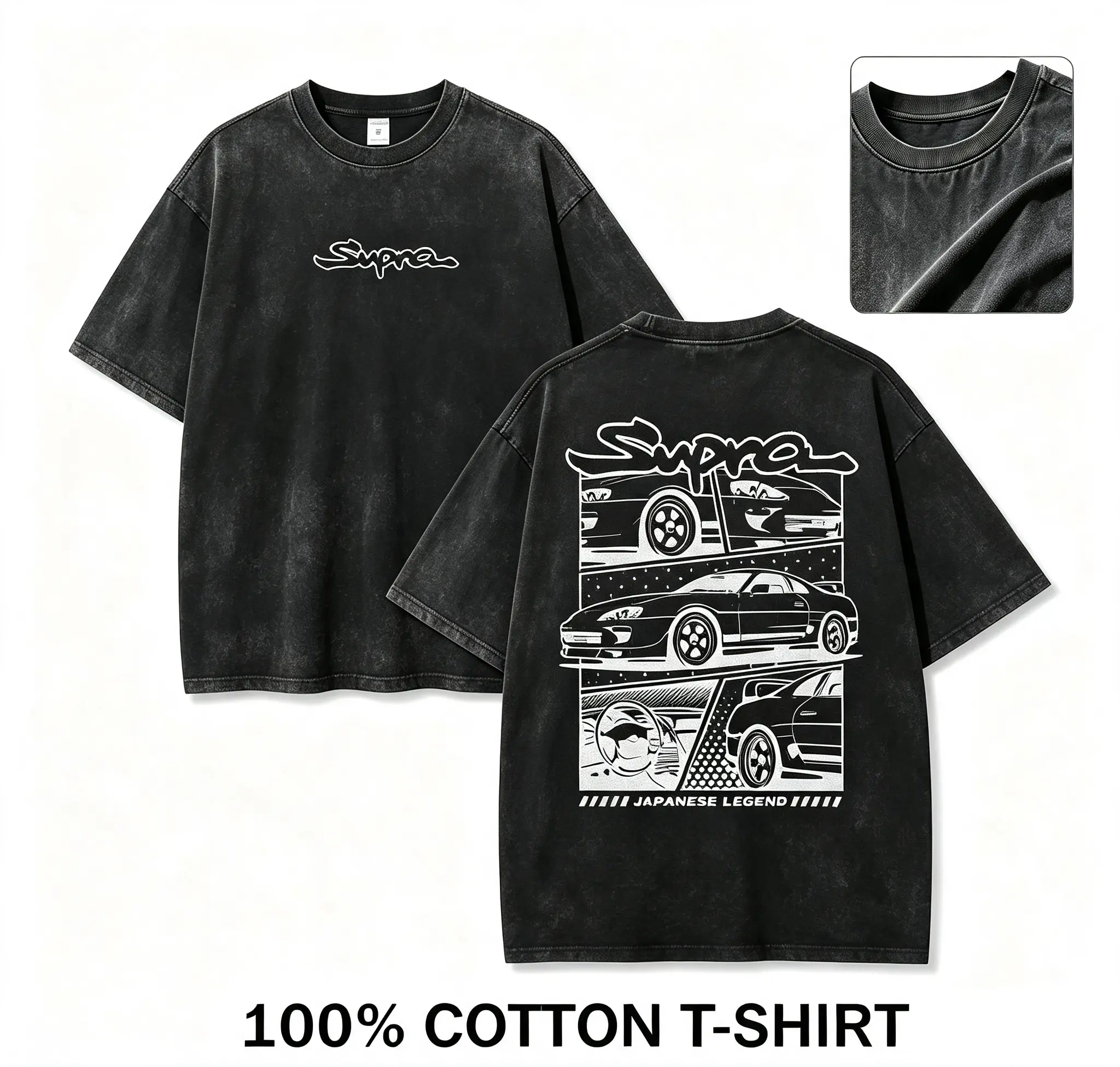 Toyota Supra MK4 JDM Manga Car Graphic Tee, Vintage Distressed 100% Cotton Regular Fit Crew Neck T Shirt, Front Supra Script Logo & Back JDM Racing Car Print Casual Top,Unisex couple t-shirt