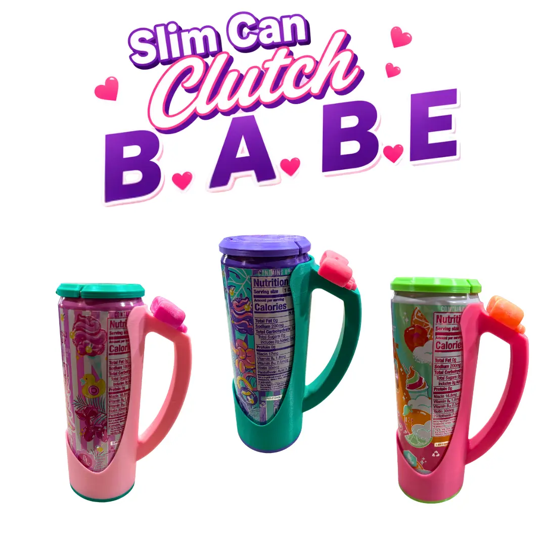 12oz Slim Can Clutch - B.A.B.E. (Big Accent Bow Edition) Slim Form, 3D Printed Design, Matching Lid, Optional Can Tab Opener, Hand Wash, Lightweight Casual Slimcano Drinkware Accessory for Girls