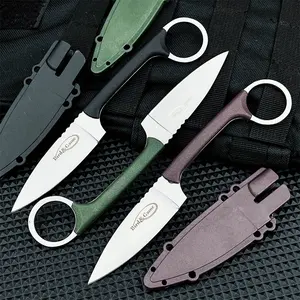 Three AZ20 fixed-blade knives in different colors, each with a sheath. Featuring 5Cr13MoV steel blades and nylon fiber handles, these high-quality, practical knives are ideal for diverse outdoor activities like hiking, fishing, and camping.