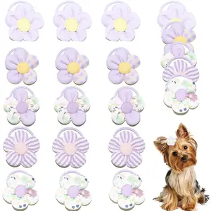 20 Pcs Handmade Cute Puppy Hair Bows Flower Bowknot with Rubber Bands for Small Dog Hair Ties Accessories Sweet Purple