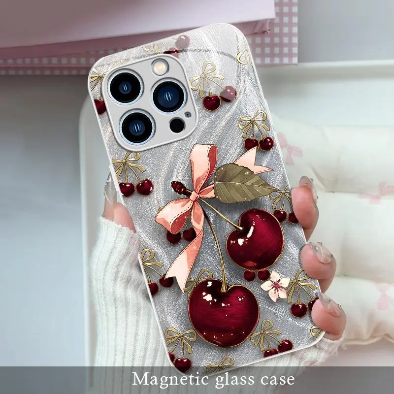 Aesthetic coquette cherry bow magnetic glass case for iPhone 17/16/15/14/13/12 Pro Max | Cute Y2K red cherries shockproof MagSafe cover — 975