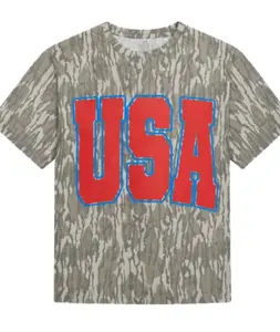 USA Camouflage Tee – Bold Red "USA" Graphic on Camo Print T-Shirt Open for sale!