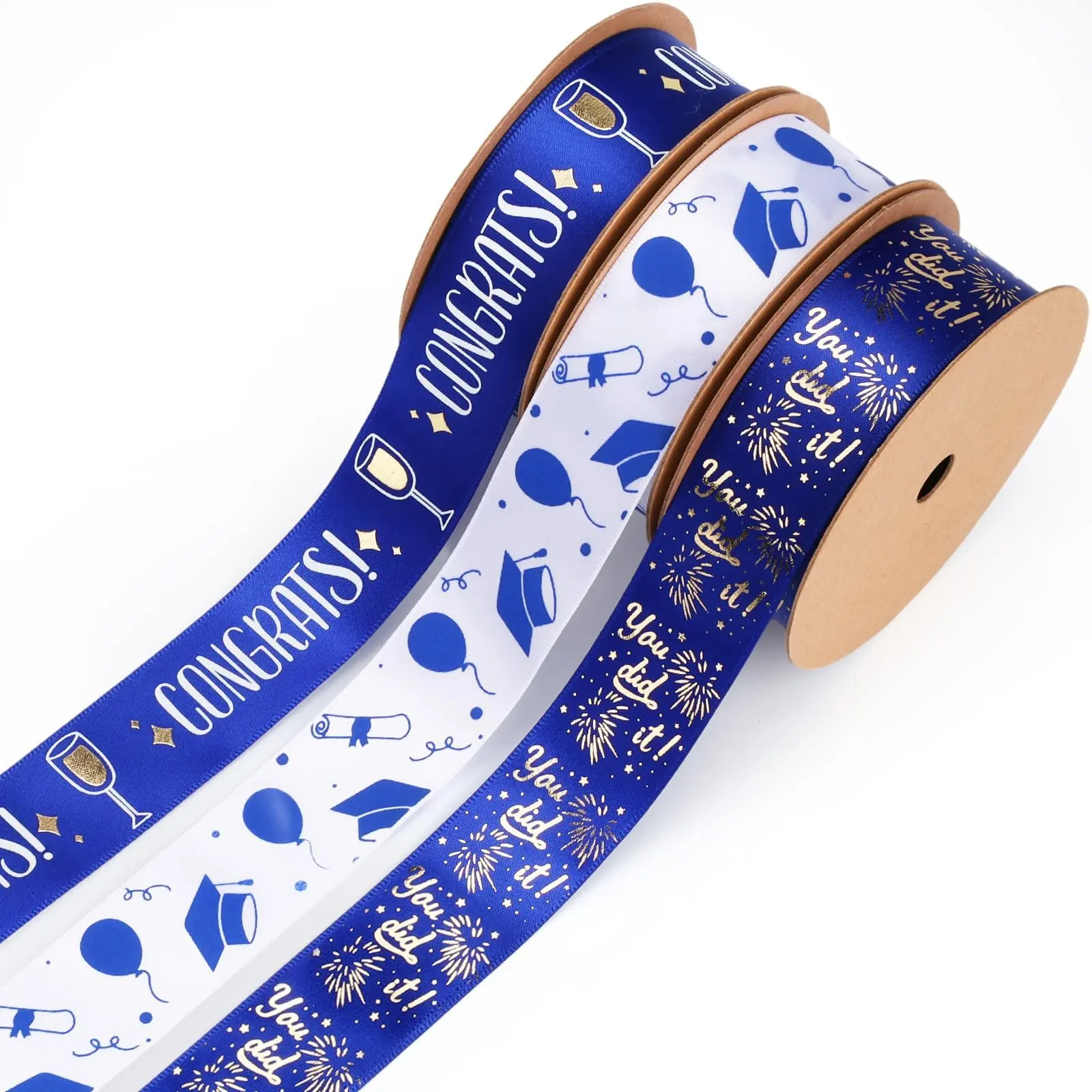 Graduation Ribbon 3 Rolls 1 Inch X 15 Yards Ttl  Blue And White Congrats Grad Satin For Gift Wrapping Class Of 2025 Party Decorations Diy Crafts Lei Making