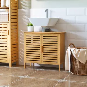 Freestanding Bamboo Under‑Sink Bathroom Cabinet – Natural Wood with 2 Slatted Doors