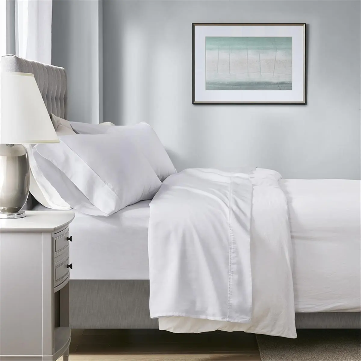 Beautyrest BR20-1882 Solid Protective Sateen Weave Sheet Set - 4 Pieces, White, California King Bed, 55% Cotton-45% Polyester Blend, HeiQ Temperature Control, Cooling, Anti-Bacterial, Machine Washable, Luxurious Look